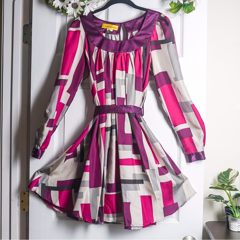 Catherine Malandrino Silk Dress Geometric with Belt Pink White Purple Women's 2